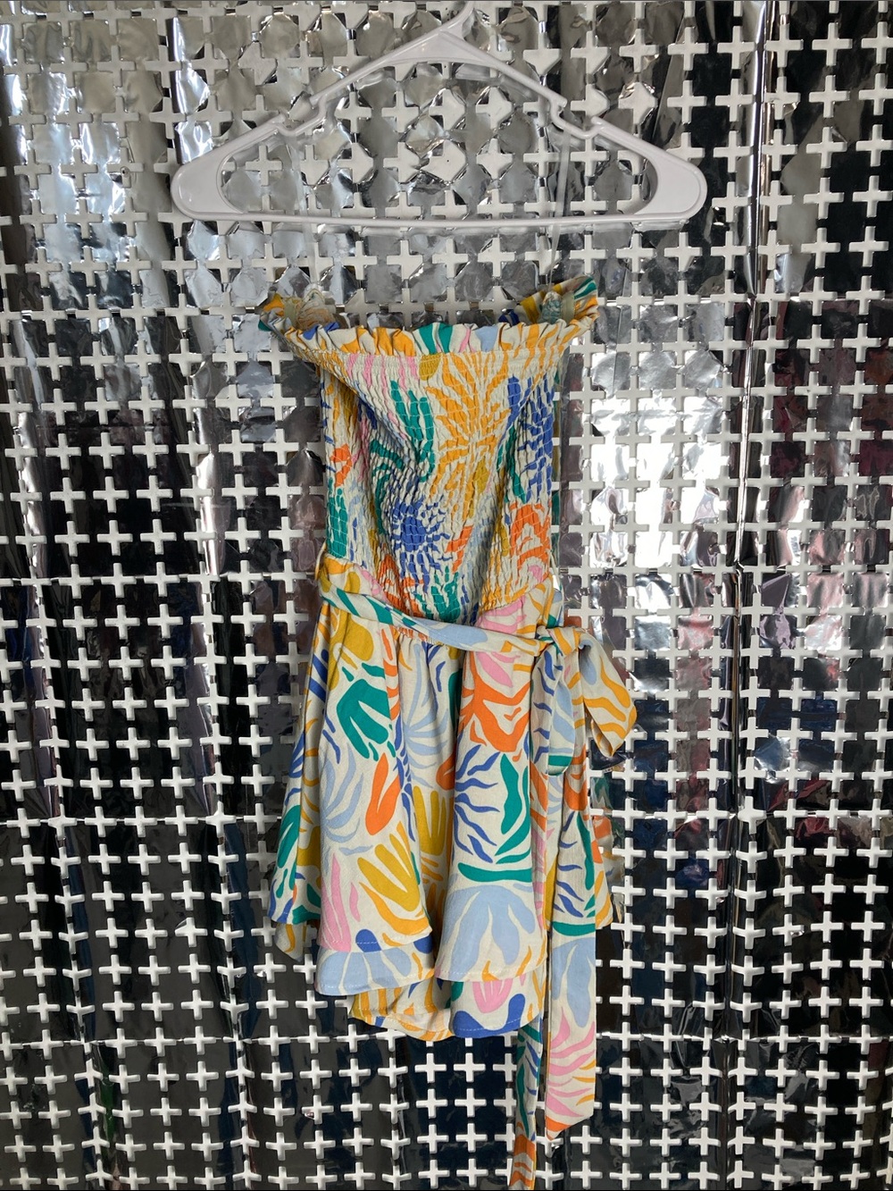 Smocked Strapless Mini Dress in Multicolor Tropical Print
